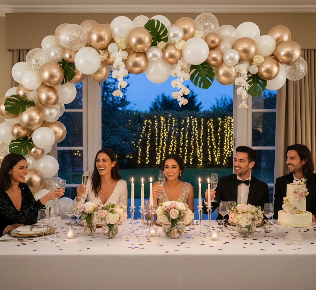 Elegant birthday celebration with balloon arch